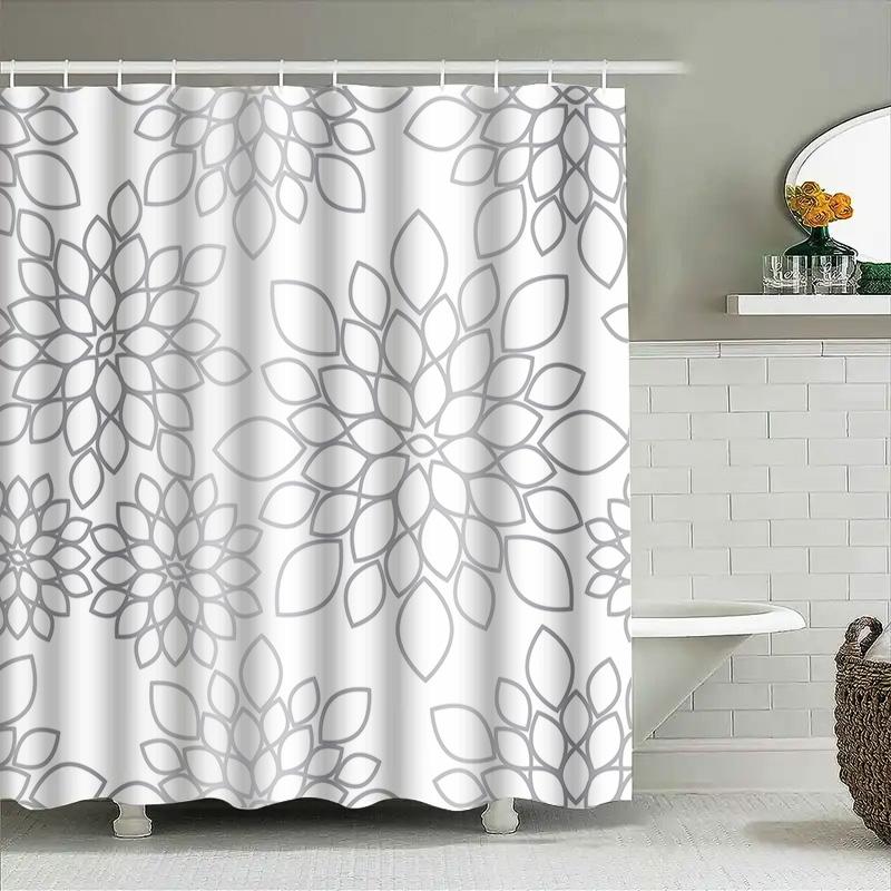 Modern Floral Shower Curtain White And Gray Flower Pattern Waterproof Bathroom Decor For Home Decoration