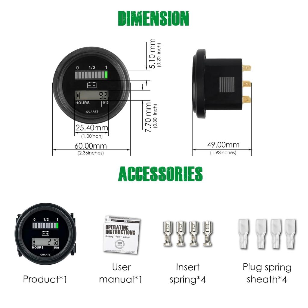 Yooreal 12/24V 36/48V 72V Golf Cart Battery Meter,Hour Meter&Battery Indicator Gauge Meter Lead-Acid Battery(Excluded Trojan),Charging Reminder,for