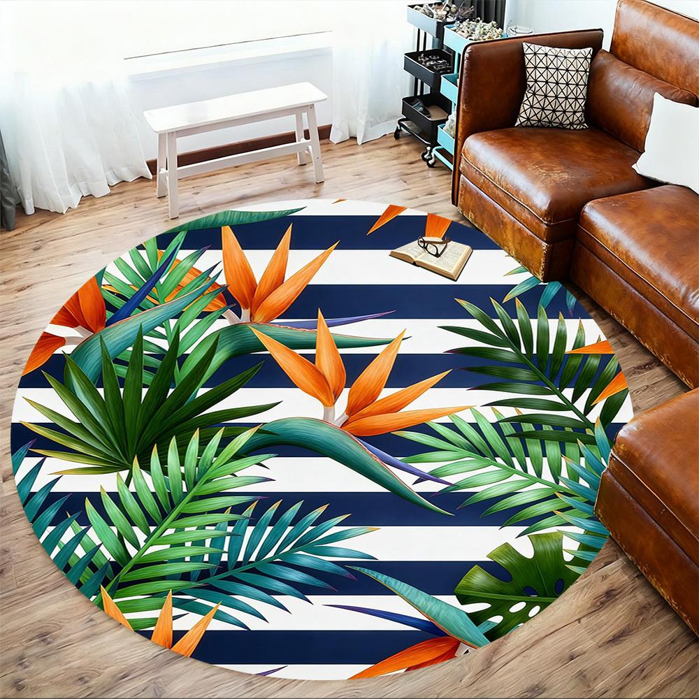 1pc Tropical Leaves Stripes Round Chair mat office Area Rug - Non-Slip, Floor Mat for Office, Bedroom, and Indoor Decor p127183