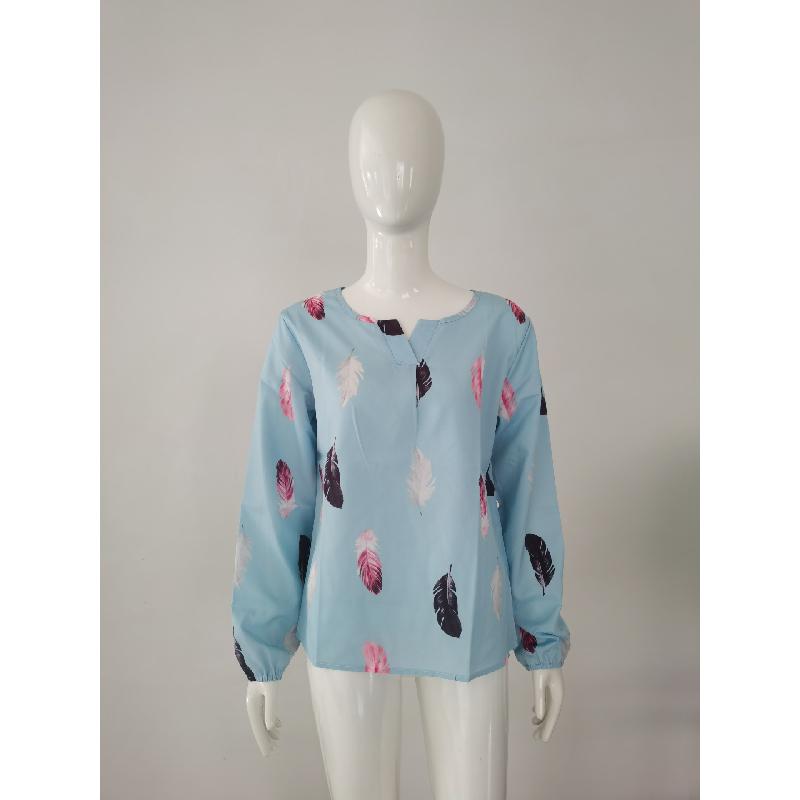 2026 Spring New V-neck Feather Print Long Sleeve Loose T-shirt for Women