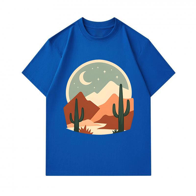 Men's 100% Cotton Crew Neck Short Sleeve T-Shirt, Retro Desert Night Cactus Mountain Print Casual Comfortable Summer Tee for Daily Wear