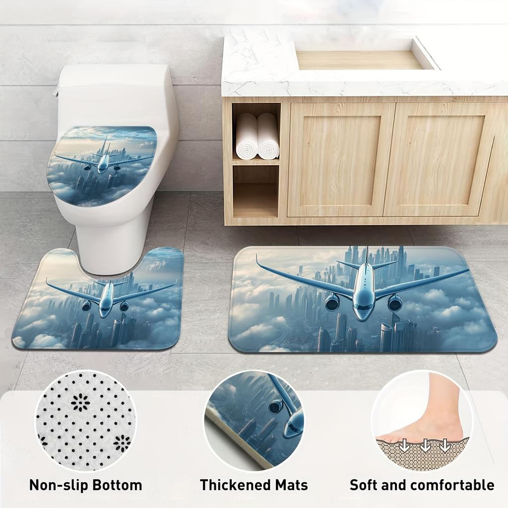 Airplane City View Shower Curtain Set - 3 Soft Bath Mats, Polyester Woven, Customizable Decoration, Ideal Gift For Home/Hotel