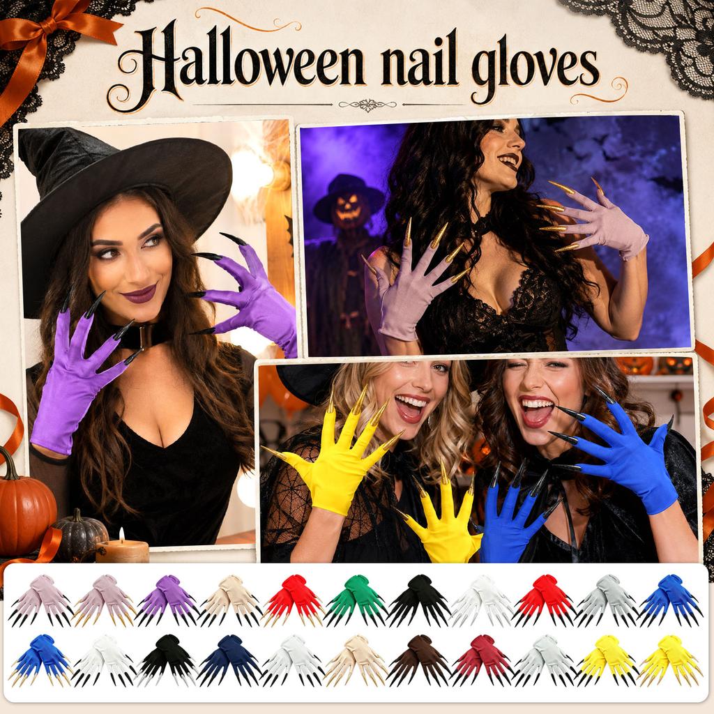 Dark Gloves with Long Nails for Halloween Witch Party, Short Stretch Fit