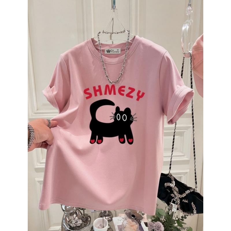 Cartoon Cat Top New Summer Korean Version Love Letters Large Version Loose Gray Short-sleeved T-shirt for Women