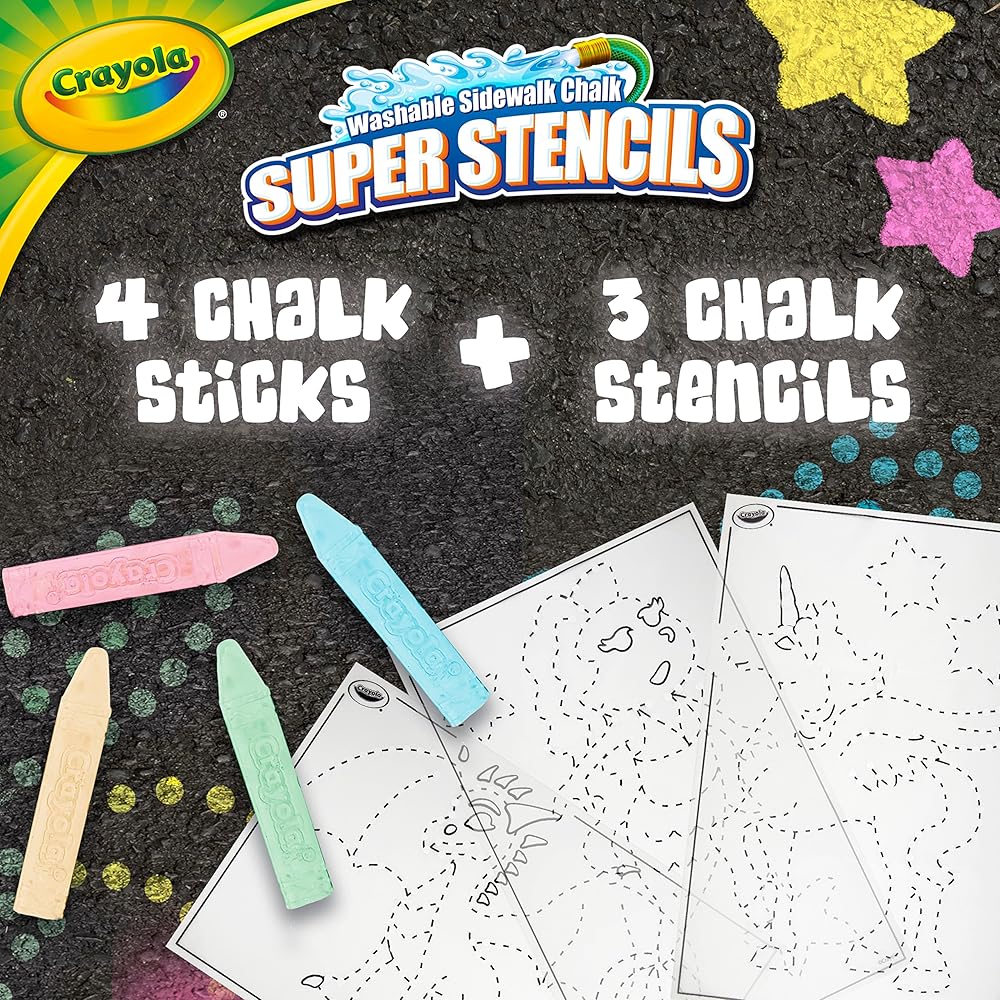 Crayola Jumbo Chalk Set with Washable Chalk In 4 Colors and 3 Stencil Sheets Outdoor Chalk 031001