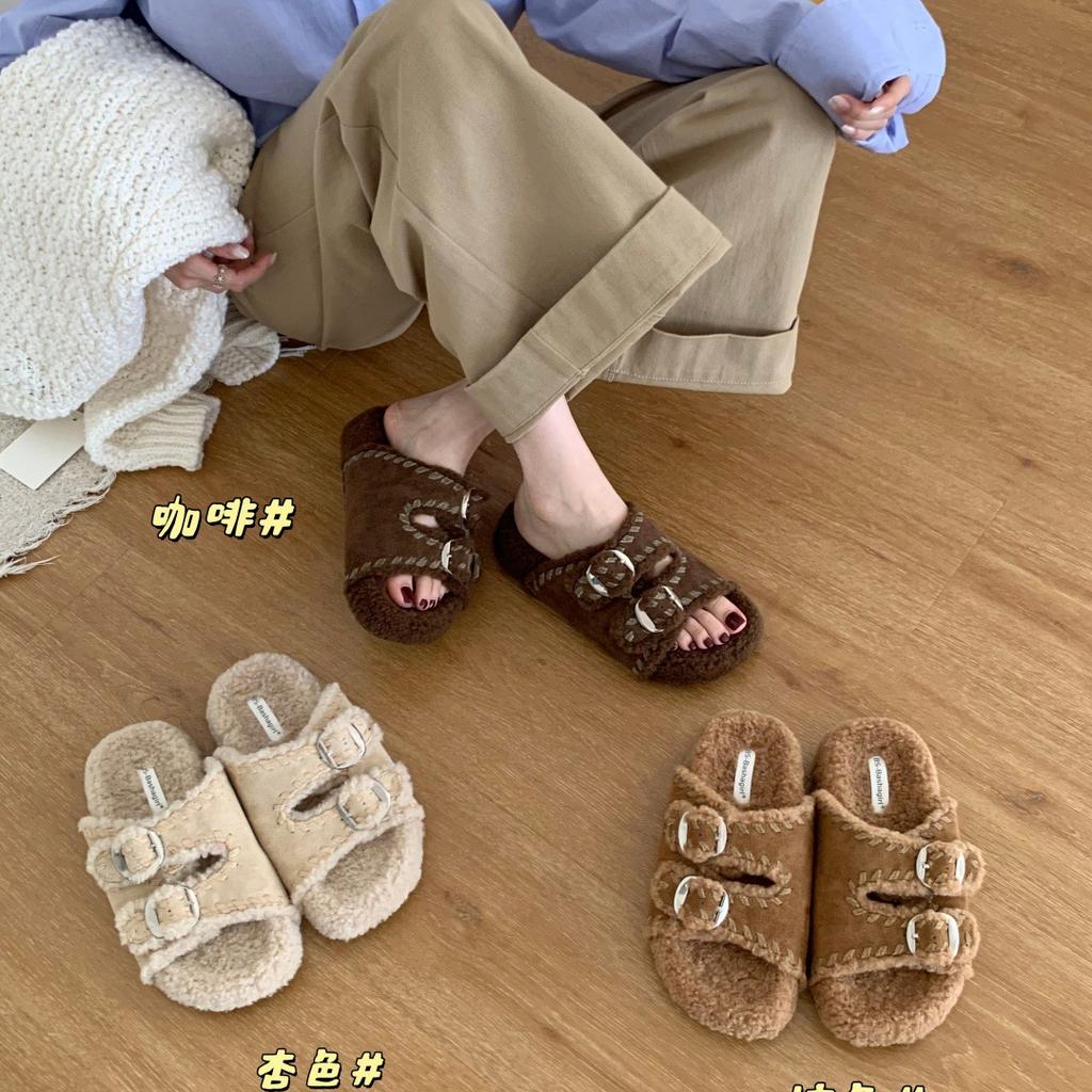 2025 Autumn and Winter New Korean Version of One-word Fluffy Slippers Women Wear Thick-bottomed Plush Thermal Cotton Slippers Fluffy Slippers
