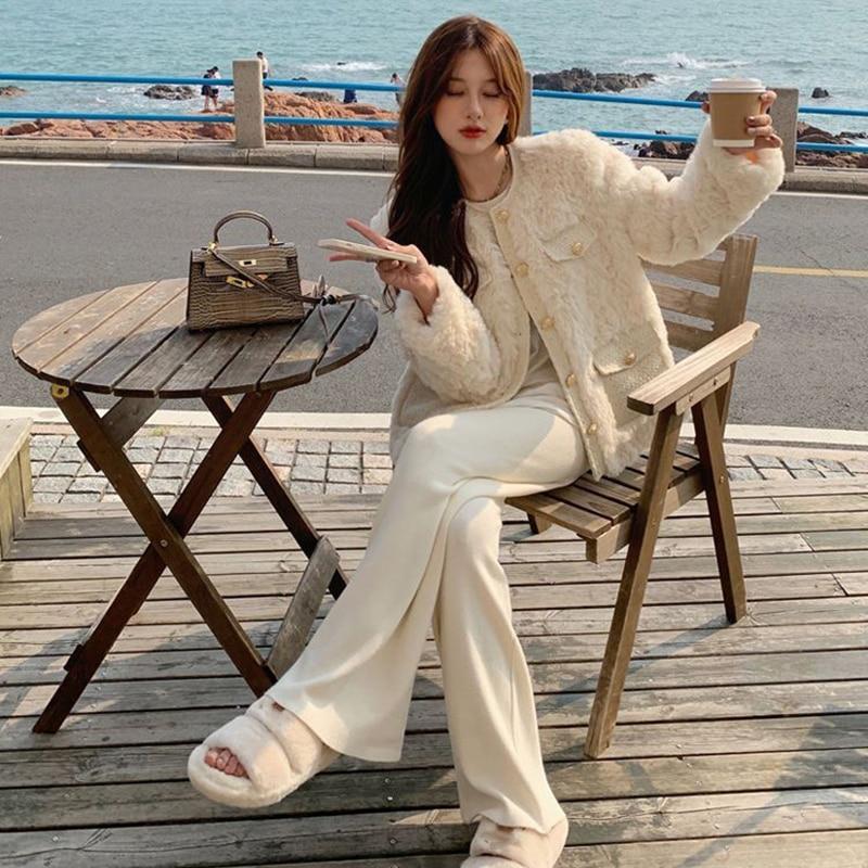 Korean Fashion Lamb Wool Coats Women Streetwear O-Neck Faux Fur Jackets Woman Autumn Winter Thick Warm Plush Black Coat