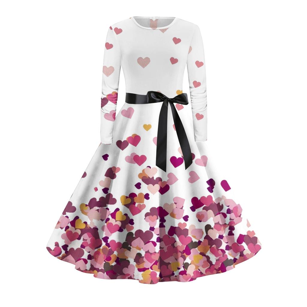 Damen Casual Mode Langarm Vintage Lange Kleider Frühling Valentinstag