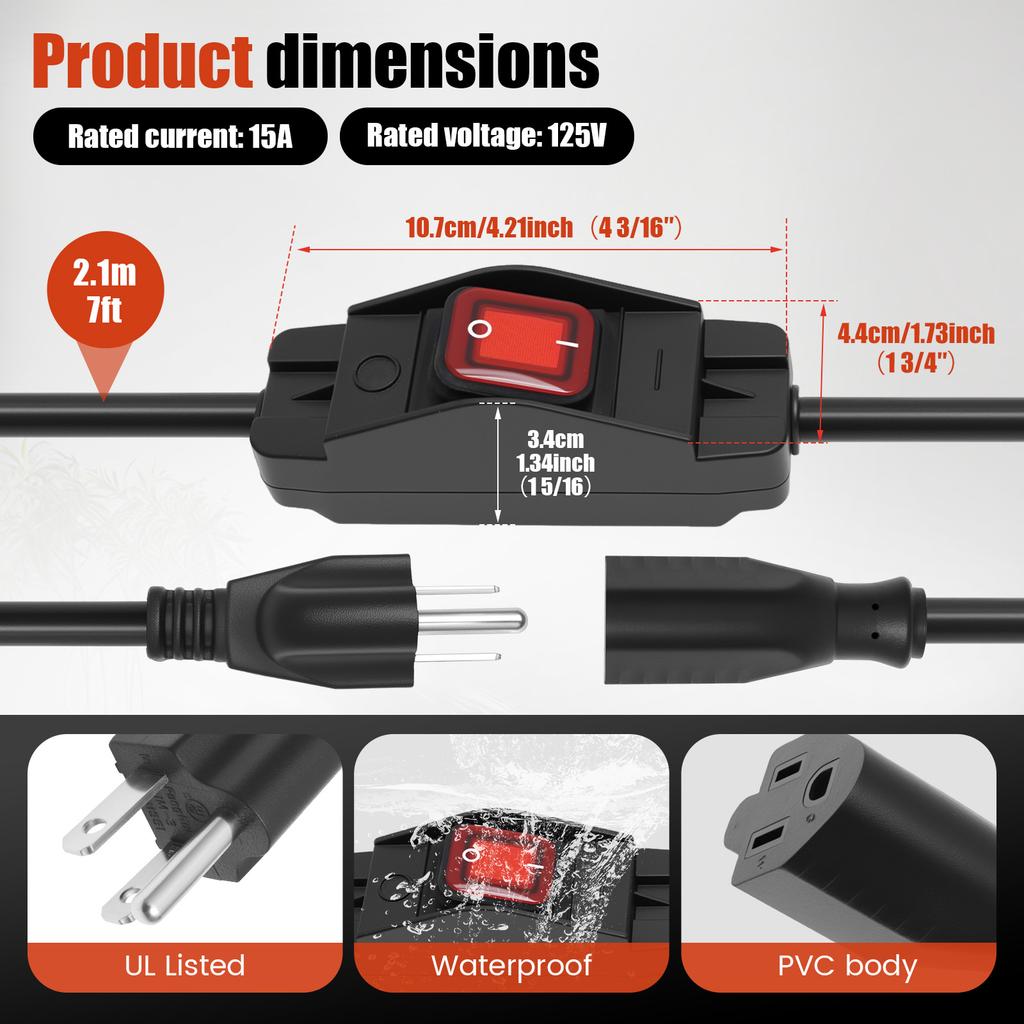 IP65 Waterproof Inline Cord Switch 15A 125V with On/Off Capability and LED Indicator Compatible with Electrical Appliances