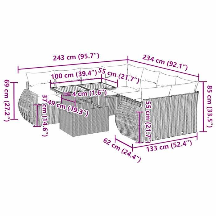 VidaXL Garden Lounge Set 9 Pcs with Cushions Black Wicker 3327240