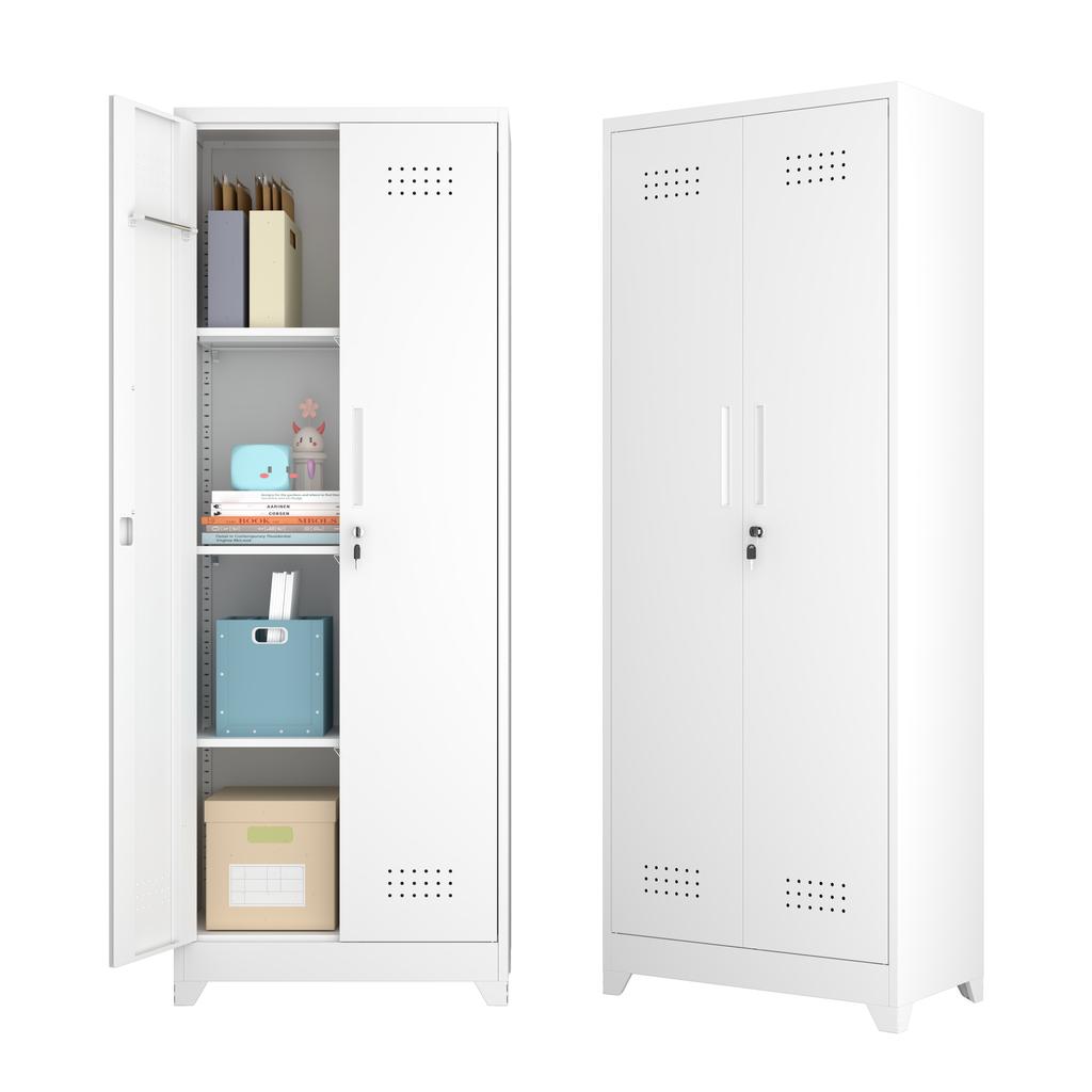 White 65" Metal Cleaning Tool Storage Cabinet with Locking Doors, Shelves, Hanging Rod & S-HooksW