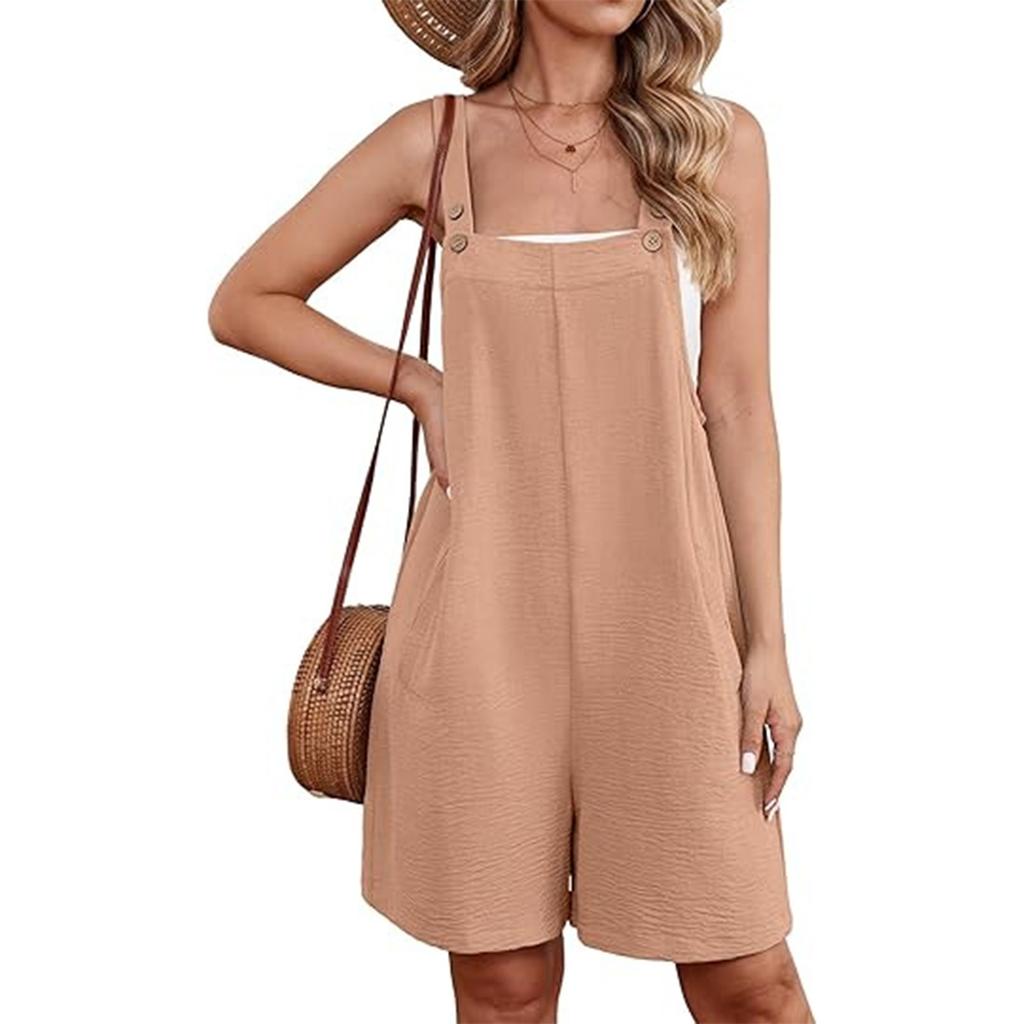 Women's Color Buckle Jumpsuit Shorts With Pockets And Suspenders