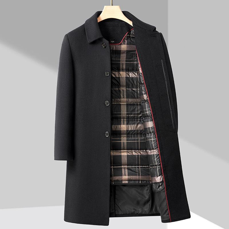 Middle-aged Wool Coat Men's Mid-length 90 Duck Down Autumn and Winter Sleeve Removable Tweed Coat Down Jacket