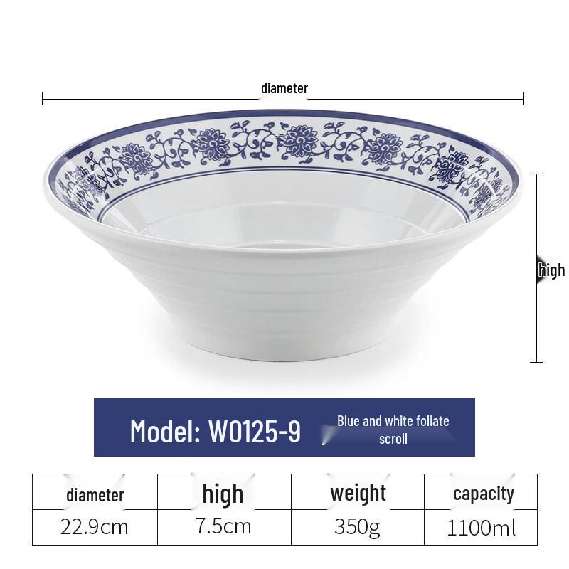 Melamine Blue & White Porcelain Style Noodle Bowl