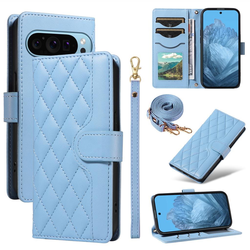 For Google Pixel 10 Pro/10/9 Pro/9 Case Wallet Rhombus Leather Phone Cover with Shoulder Strap,Wrist Strap