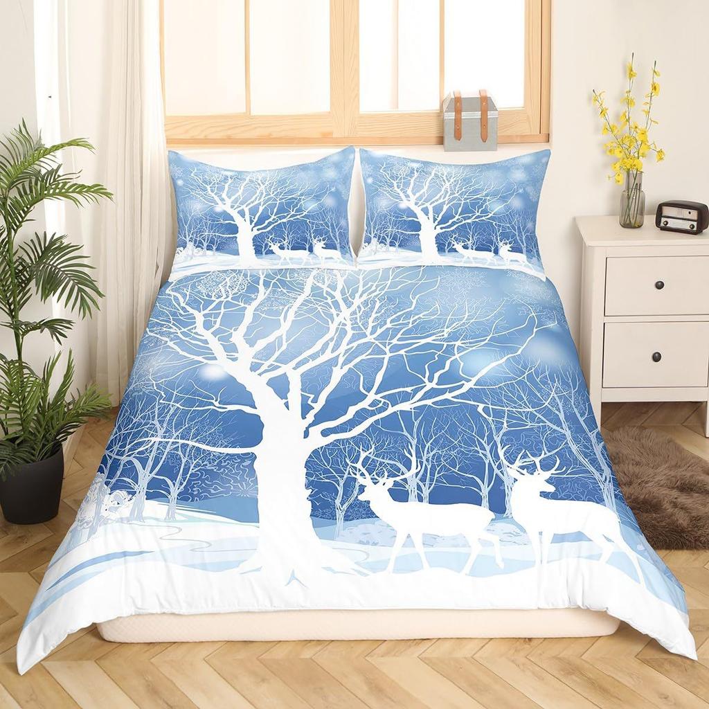 Red Three-Piece Quilt Cover Digital Printing Bedding Set Christmas Elk Snowflake Bed Cover