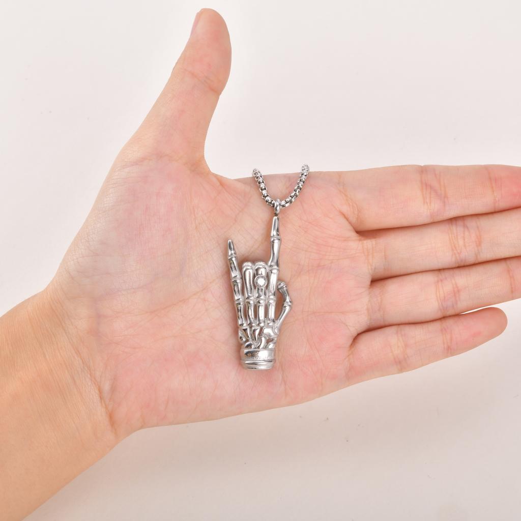 Vnox Bone Rock Hand Gesture Pendant Necklaces, Gothic Punk Music Jewelry, Men's Silver Color Stainless Steel Box Chain Necklace