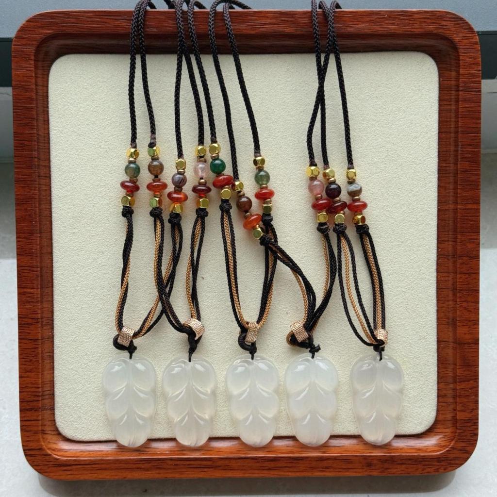 Natural White Chalcedony & Hetian Jade Leaf Pendant Necklace with Adjustable Rope
