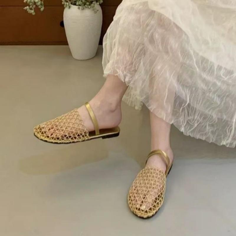 

Retro niche design flat-bottomed bag head slippers 2025 new fishing net hollow sandals Korean mesh muller shoes 40 золотой