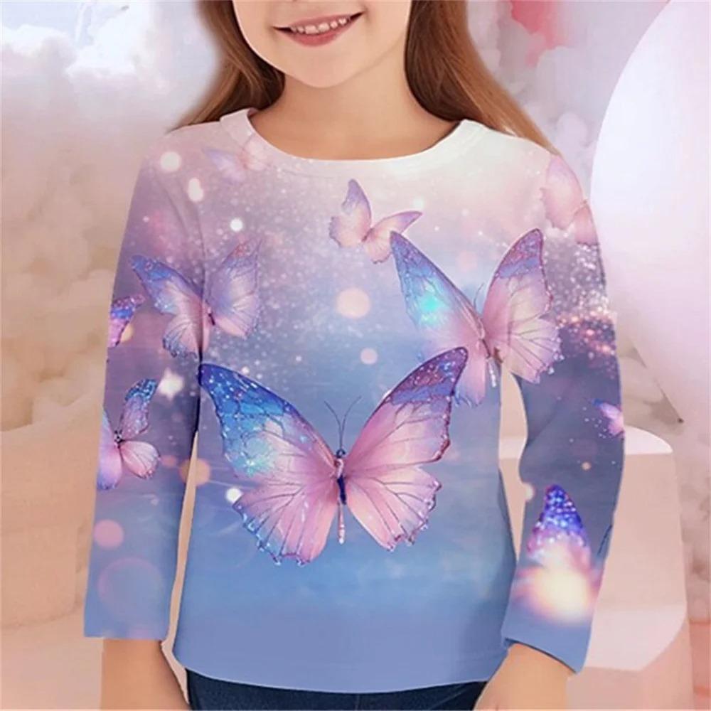 

Children s Colorful Butterfly 3D Digital Printing Girl Fashion Trend Round Neck Long Sleeved T-shirt 100 ярко убе