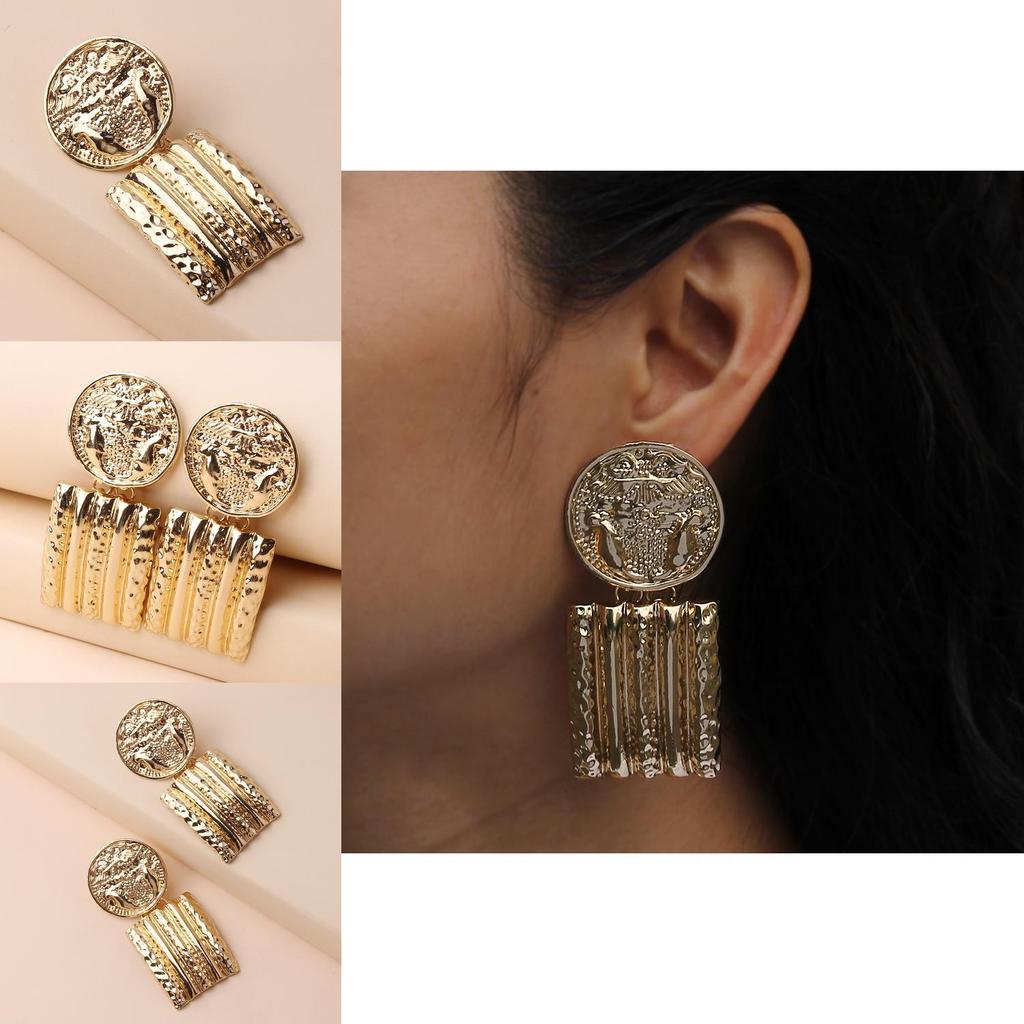 Contemporary Geometric Gold Metal Earrings With Relief Design For Business And Formal Events