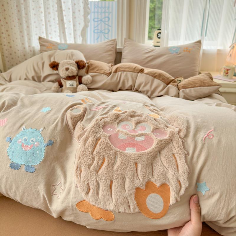 Uroczy Różowy Kreskówkowy Kot Kokarda Ręcznik Haft Dziewczynki Dzieci Pościel Zestaw Płukana Bawełna Miękkie Poszewki na Kołdrę Prześcieradło Poszewki na Poduszki 3/4 Szt.