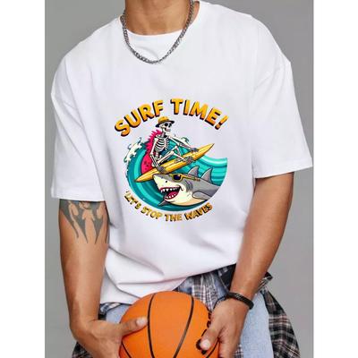 Surf Time T-shirt Wit Skelet Surfen Haai Design met Tekst Surf Time Laten We De Golven Stoppen Zomer Strand Casual Kleding