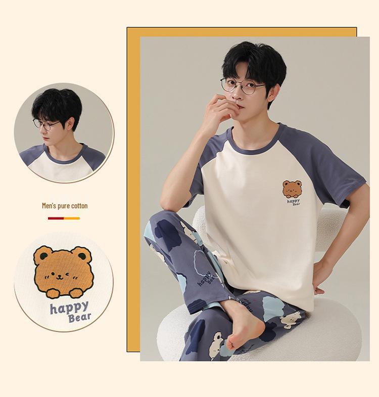 Men's Summer Cotton Pajama Set: Short Sleeve & Long Pants, Loose Fit, Plus Size