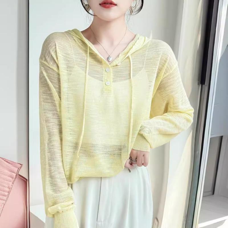 Nový letní lněný pletený svetr s kapucí s bambusovým žebrováním a jednobarevnou ležérní základní vrstvou