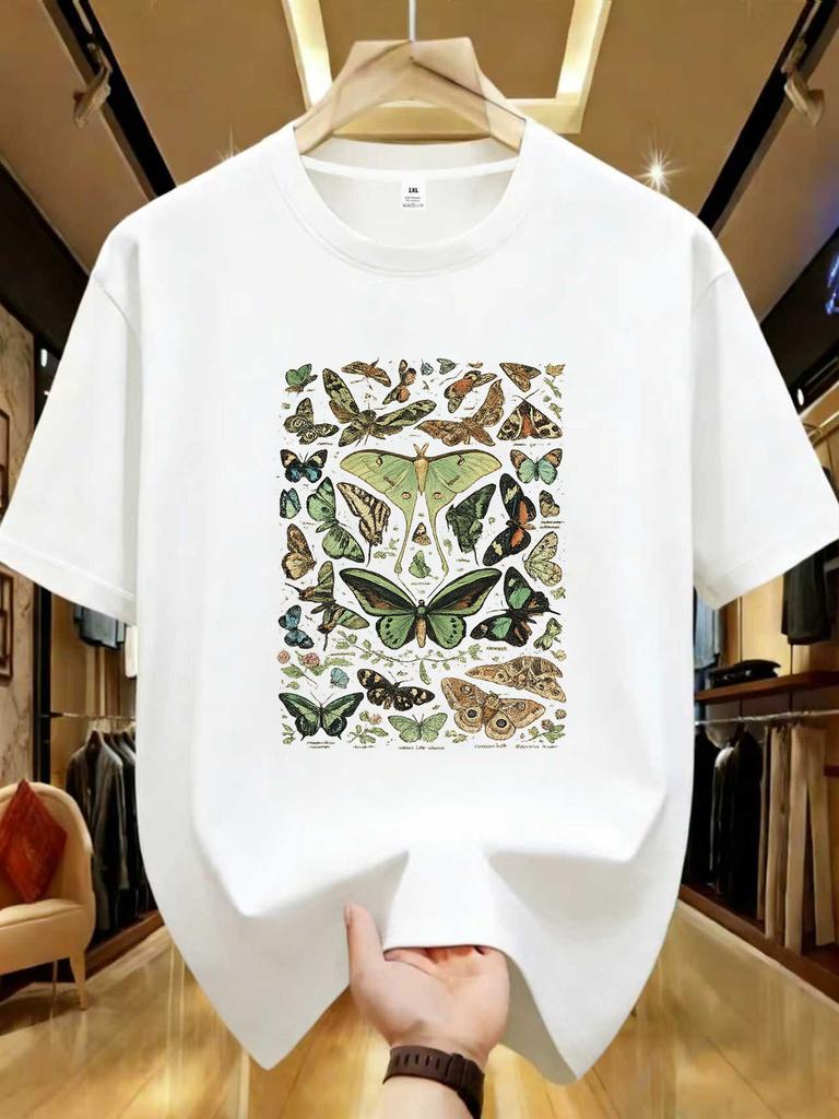 Wds0136 Butterfly Moth Illustration Graphic Plus Size Unisexs Printed Crew Neck Tee Summer Casual Short Sleeve Street Style