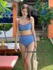 2026 Retro Korean Plaid Color Block High Waist Bikini Swimsuit