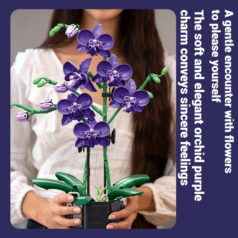 Jj9235 Orchid Purple Charm Plant Flower Creative Bouquet Model Assembly, Girls Building Block Toy Set, Girls Holiday Toy Gift
