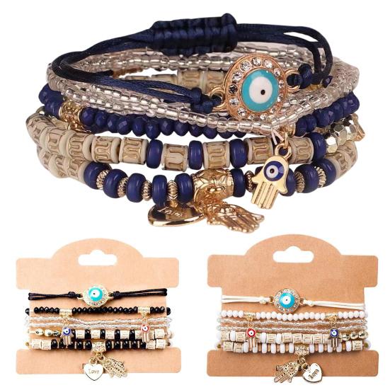 6Pcs/Set Women Bracelet Bohemia Style Elastic Rope Beads Bracelet with Palm Charm Adjustable Length Multi-layer Stackable Bracelets
