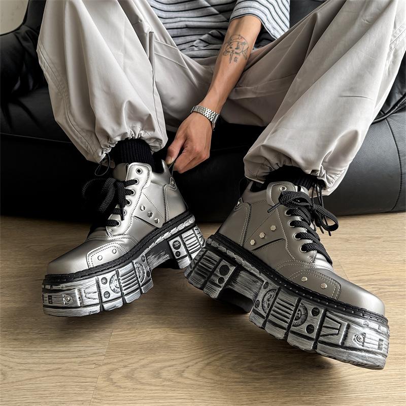 2025 New Trendy Men's Boots Heavy Metal Platform Low-top Punk Small Leather Shoes Dark Locomotive Boots 561201-J