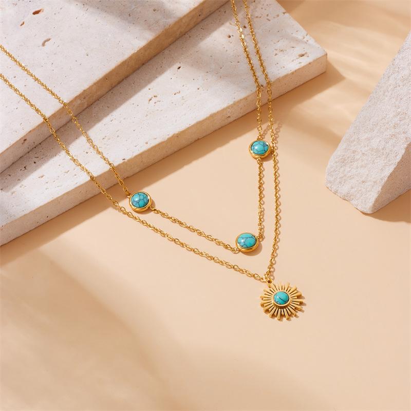 18K Gold Plated Layered Turquoise Sun Pendant Necklace, Dainty Double Chain Boho Choker for Women, Trendy Jewelry