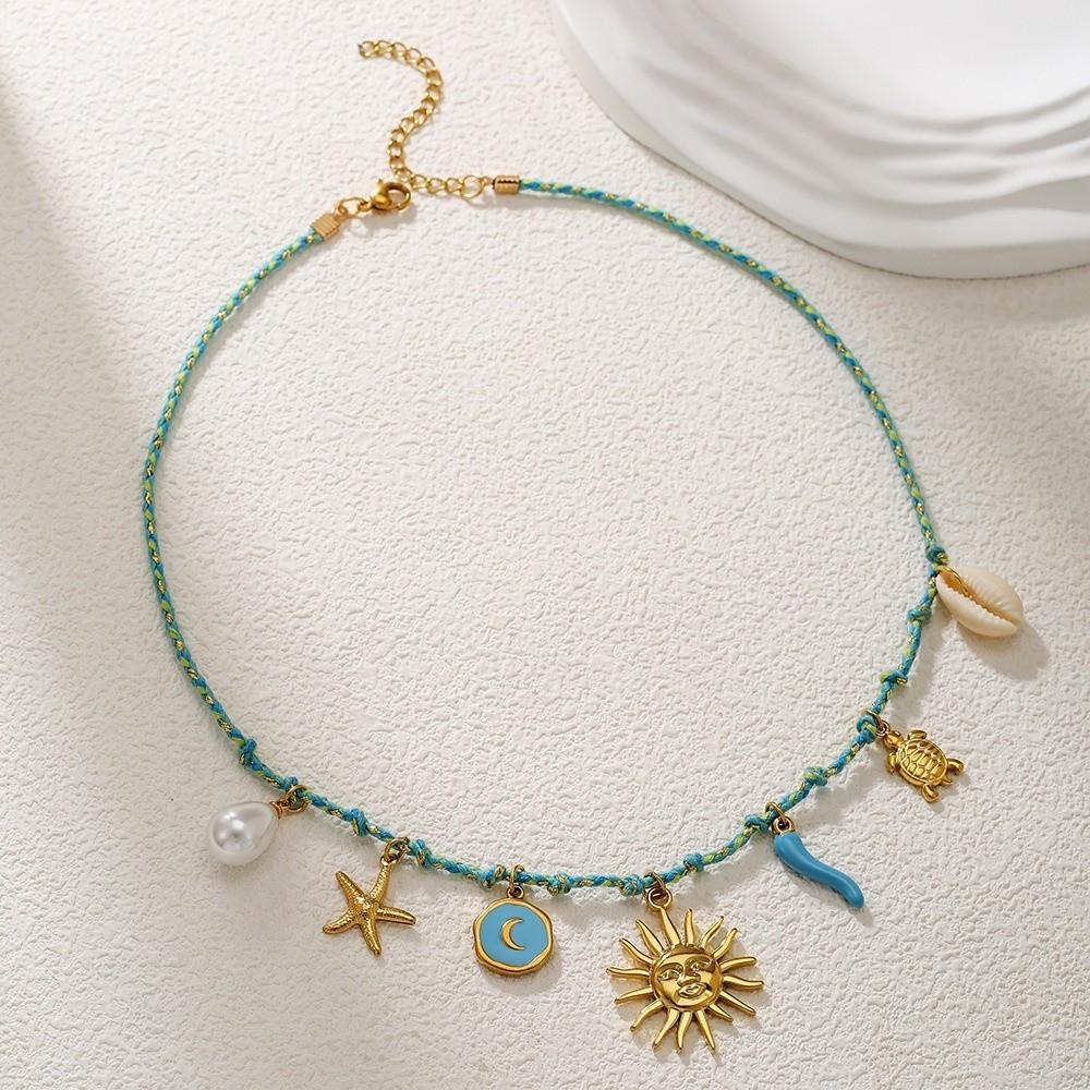 Ocean Style Woven Rope Collarbone Chain 3D Mini Metal Sun Necklace  Men