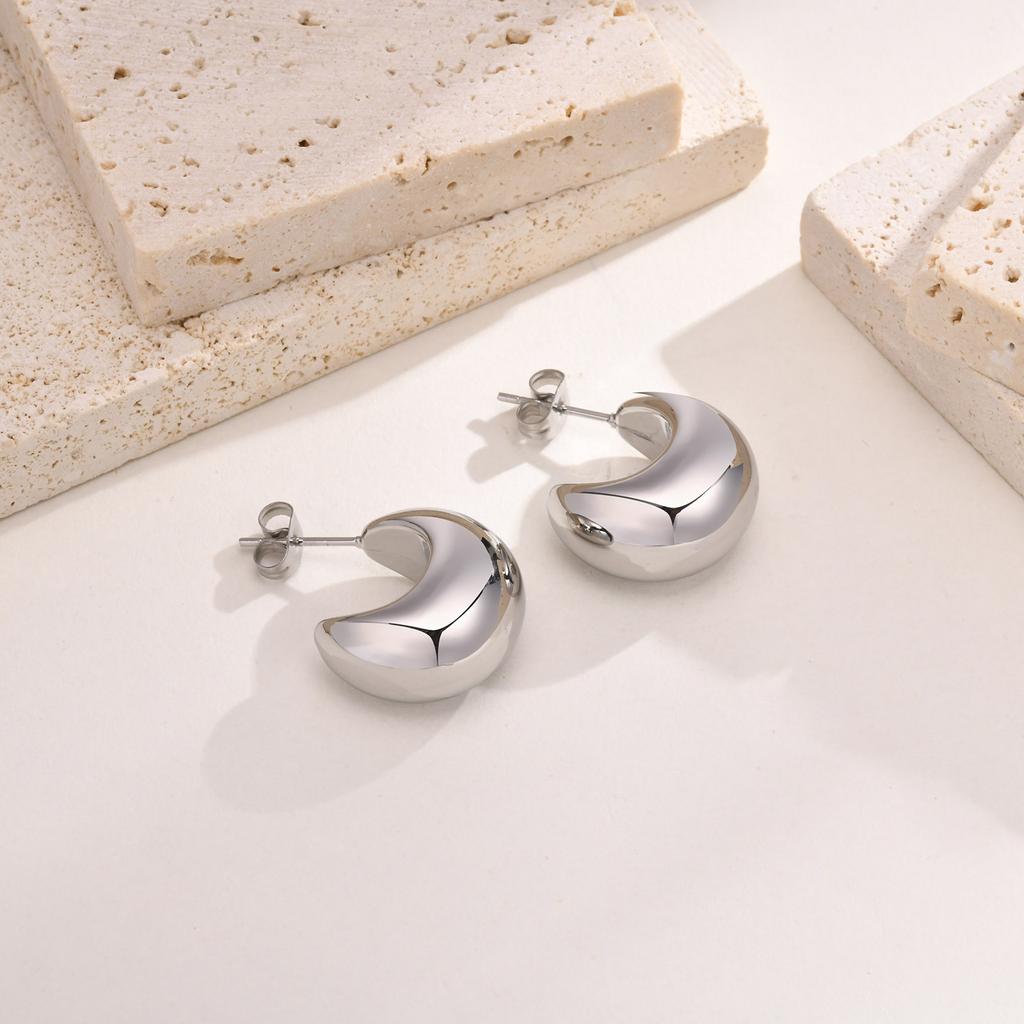 Stainless Steel Open Hoop Earring Women, Crescent Moon Shape Tube Earring Gold Plated Trendy Gift