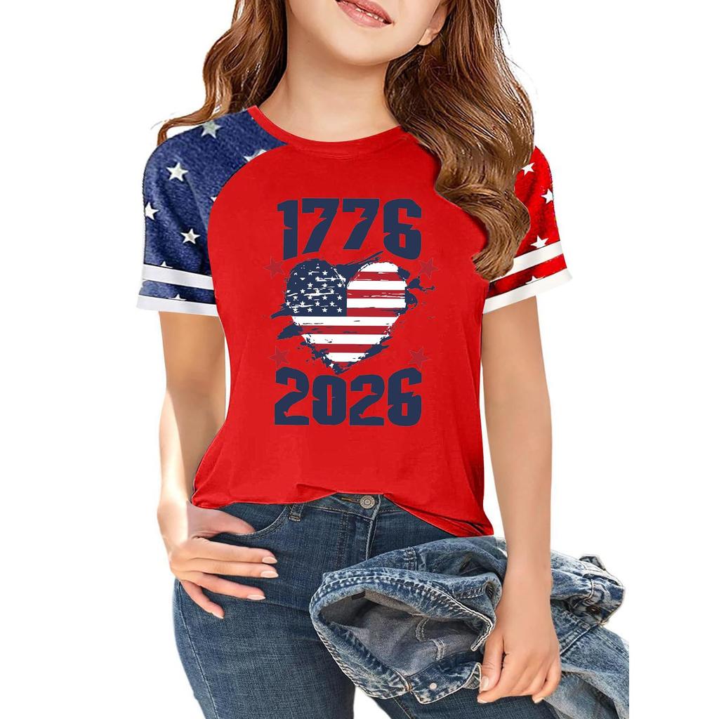 Kids Independence Day Graphic T-Shirt Short Sleeve Crew Neck Casual Tee with Patriotic Print and Star Pattern Sleeves for Boys and Girls