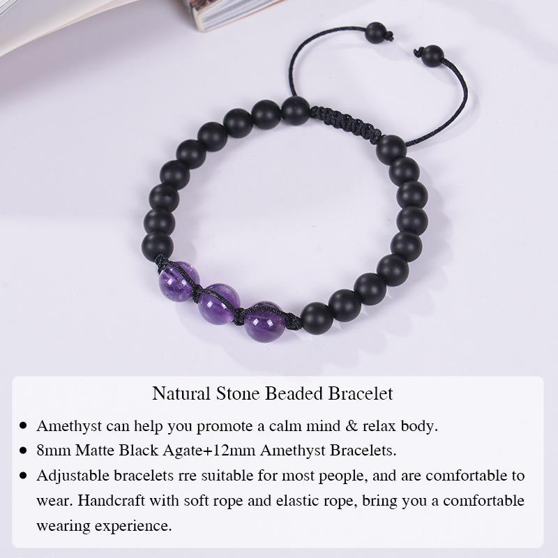 Handmade Black Matte Stone Bracelet with 12MM Tiger Eye for Couples