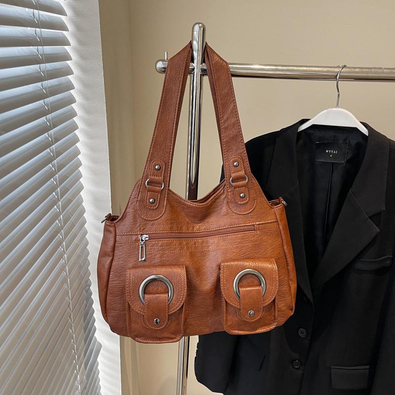 Myk skinn tote bag dame retro multifunksjonell skulderveske håndveske