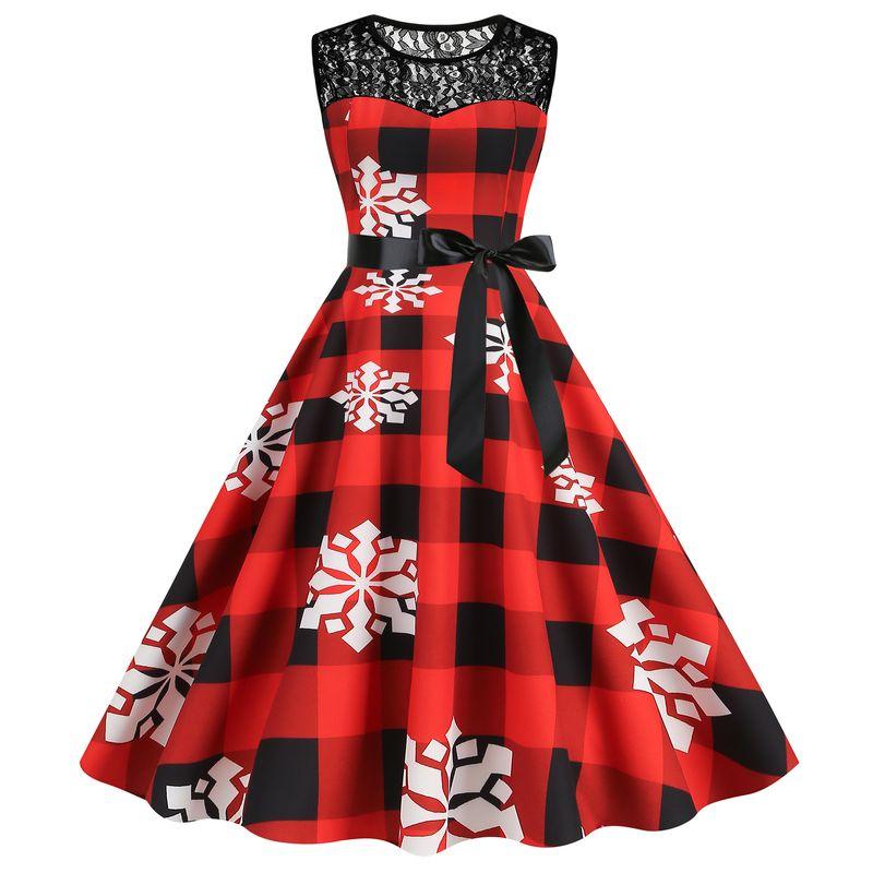 Fashion Round Neck Lace Patchwork Christmas Gingham Mid Length Long Length Sleeveless Dress Side Zipper Belt Dress for Women