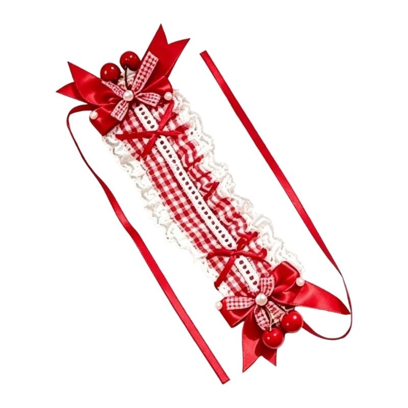 Lace Hairband Hair Barrette with Red Cream Styling and Fabric Ribbon Finish for Decorative Outfit Coordination and Photo Use