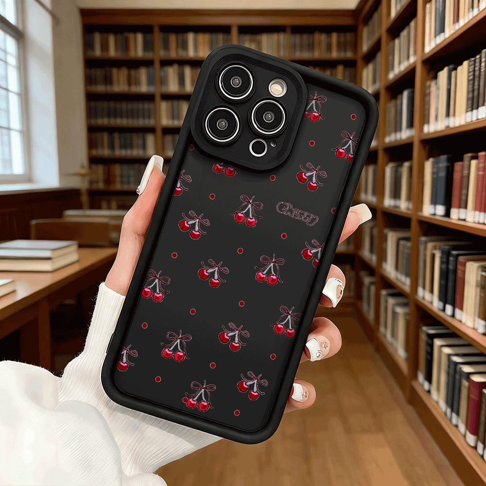 Cherry with Bow and Polka Dots Soft TPU Phone Case for iPhone 17 16 15 14 13 12 11 Pro Max Plus Shockproof Anti-Slip Cover