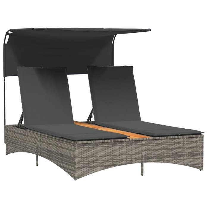 VidaXL Double Sun Lounger with Canopy and Cushions Grey Braided Resin, Sunbed, Reclining Lounger, Bed of 365622