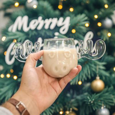 Christmas Sister Transparent High-Borosilicate Glass Cup - Deer-shaped Cup With Antlers - Christmas High-Borosilicate Glass Mug - Transparent - 325ML