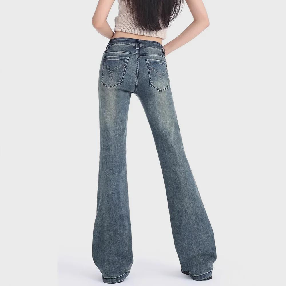 Women's 2024 American Retro Low-Waist Flared Jeans - Slim Fit, Wide Leg, Elastic, Mopping Style