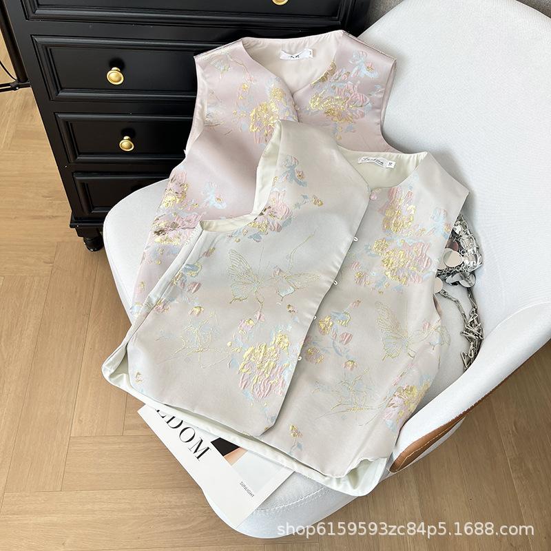 French Vintage Button Small Crew Neck Jacquard Brocade Weaving Gold Embroidered Vest Top