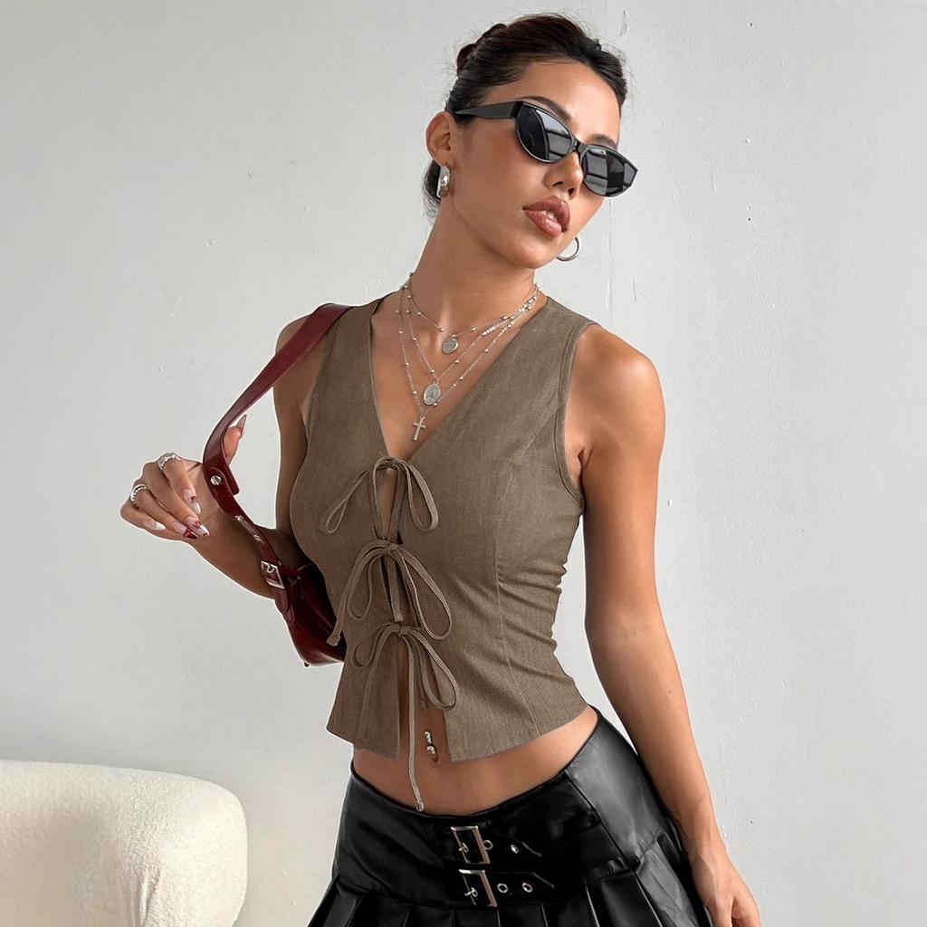 Women's Temperament Commuting V-neck Elegant Summer New Style Lace-up Slim Fashion Top 2025