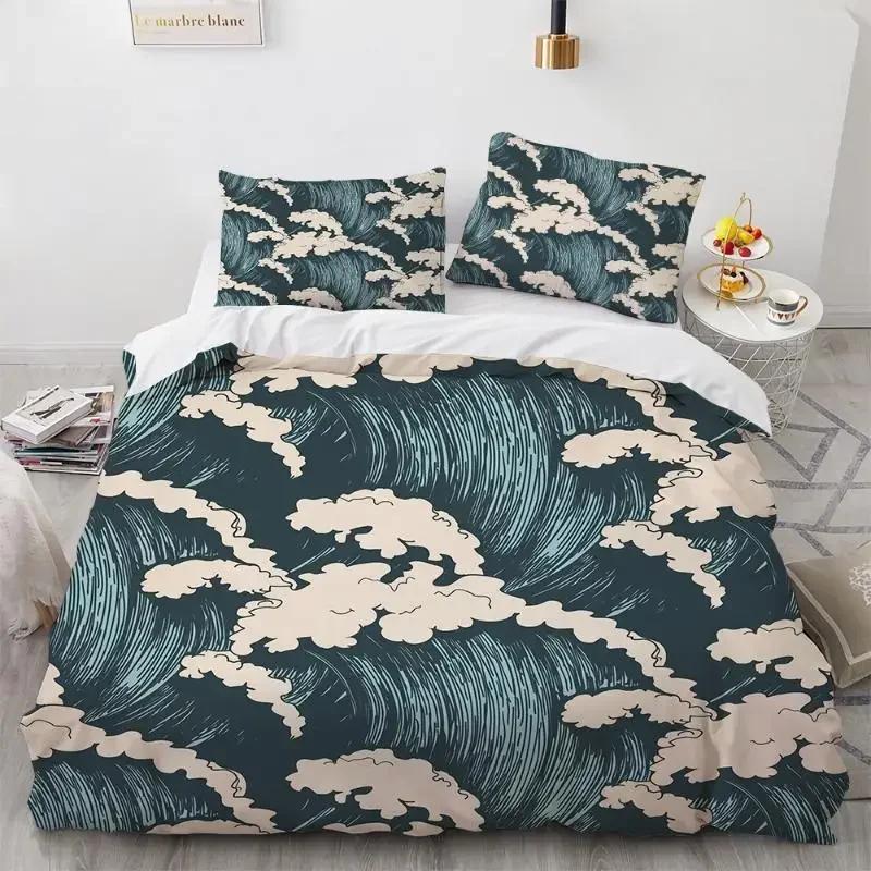 Sada povlaků na přikrývku Wave Vzor Hokusai Japonský povlak na přikrývku Ukiyoe Orientální styl náčrtu Ocean Queen Twin Polyesterová sada povlečení