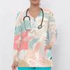 Women Plus Size Geometric Printed Nurse Scrub Top V Neck Long Sleeve With Front Pockets